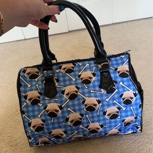 Novelty Pug Print Blue Satchel Handbag